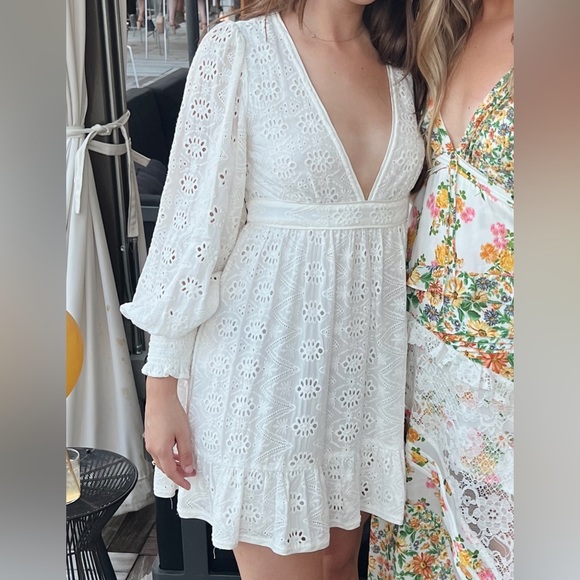 Alice + Olivia Marita Shirred Broderie Anglaise Lace Mini Dress White - Picture 3 of 3